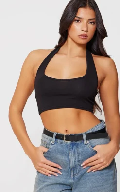 Black Basic Cotton Blend Halterneck Crop Top