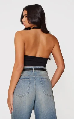 Black Basic Cotton Blend Halterneck Crop Top