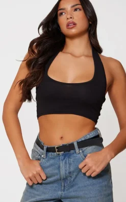 Black Basic Cotton Blend Halterneck Crop Top