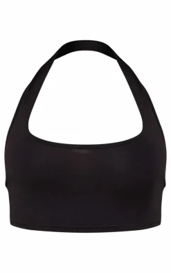 Black Basic Cotton Blend Halterneck Crop Top