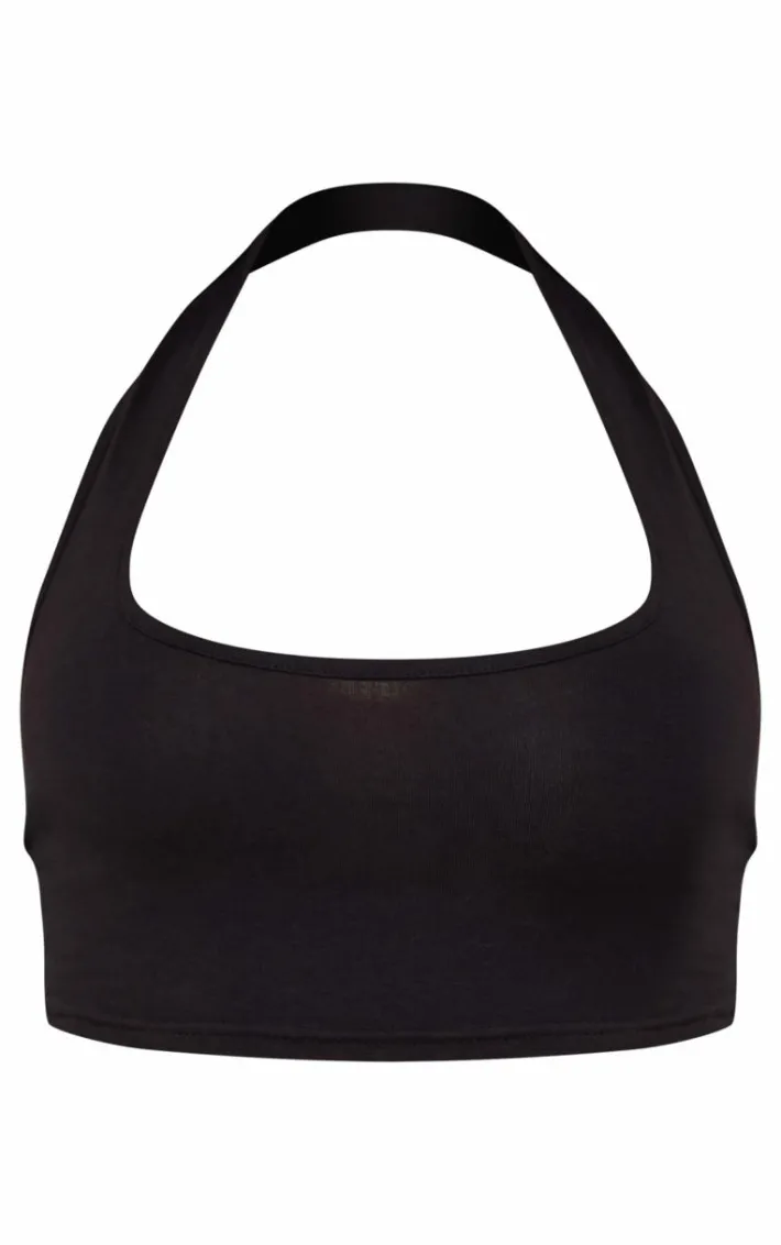Black Basic Cotton Blend Halterneck Crop Top
