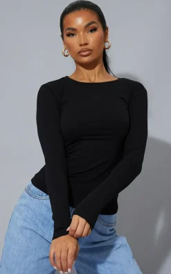 Black Basic Cotton Blend Long Sleeve Fitted T Shirt