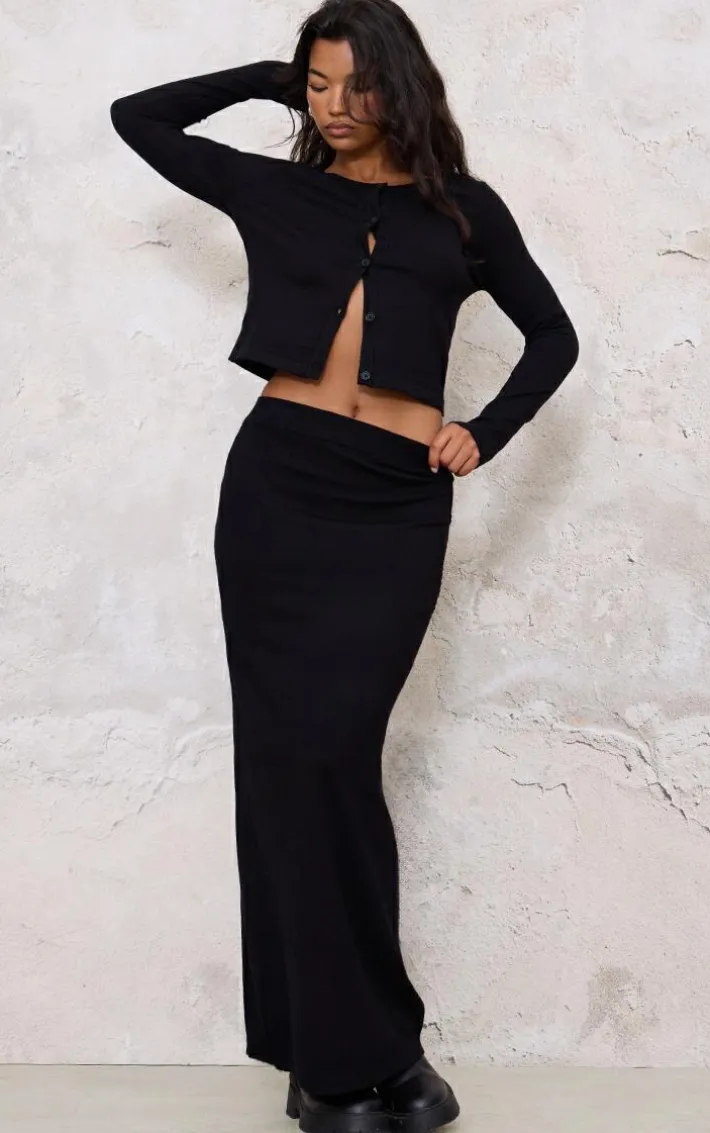 Black Basic Fine Knit Maxi Skirt