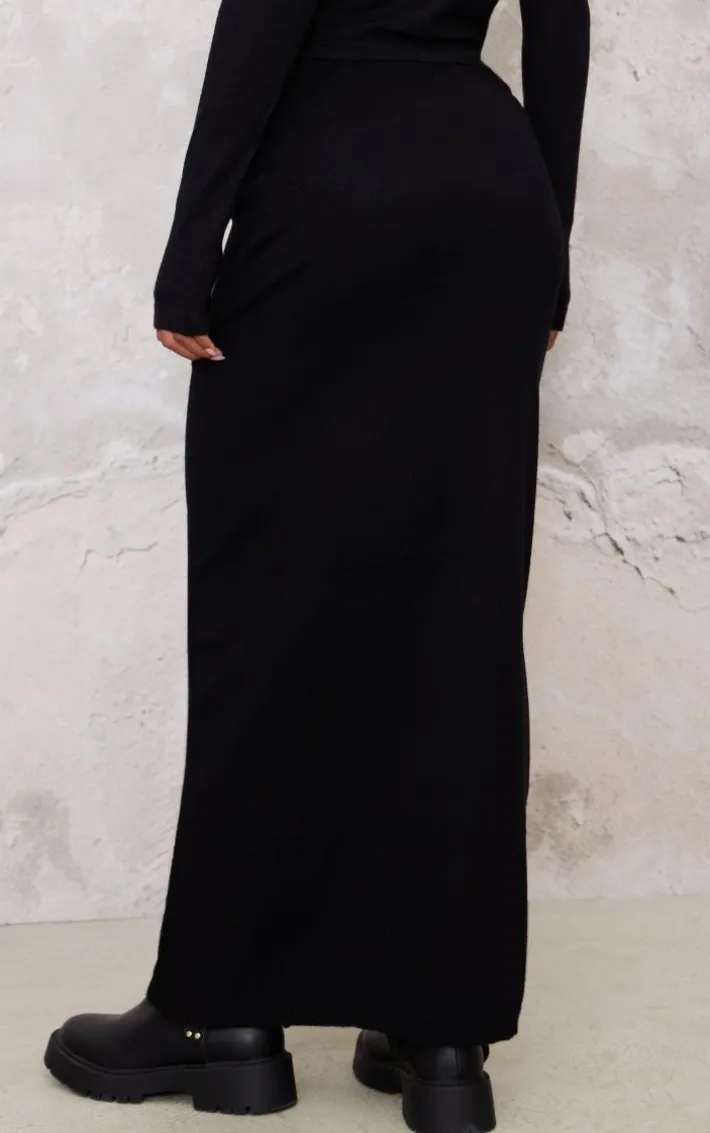 Black Basic Fine Knit Maxi Skirt