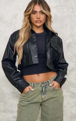Black Basic Patch Pocket Front Cropped Faux Leather Jacket