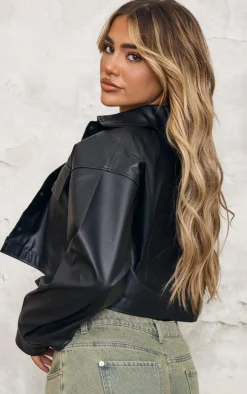 Black Basic Patch Pocket Front Cropped Faux Leather Jacket