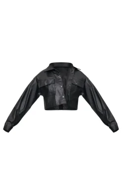 Black Basic Patch Pocket Front Cropped Faux Leather Jacket