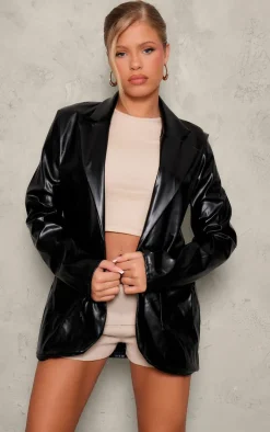 Black Basic Pocket Detail Curved Hem Faux Leather Blazer