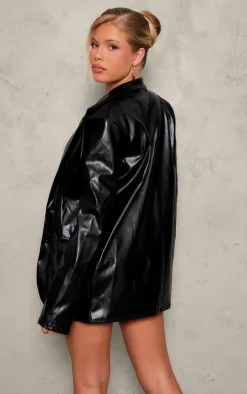 Black Basic Pocket Detail Curved Hem Faux Leather Blazer