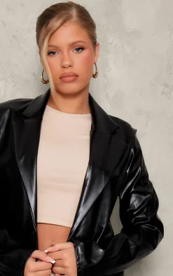 Black Basic Pocket Detail Curved Hem Faux Leather Blazer