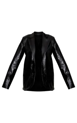 Black Basic Pocket Detail Curved Hem Faux Leather Blazer