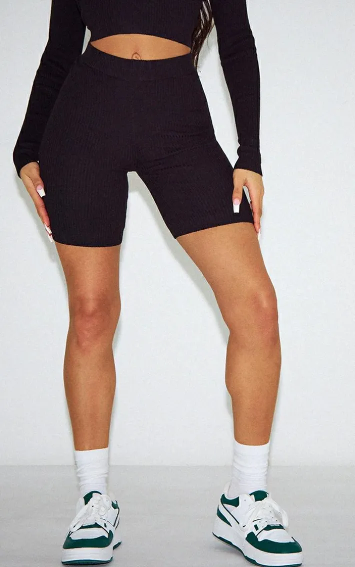 Black Basic Rib Knit Biker Shorts
