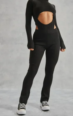 Black Basic Rib Knit Kick Flare Pants
