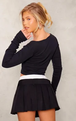 Black Basic Rib Long Sleeve V Neck Crop Top