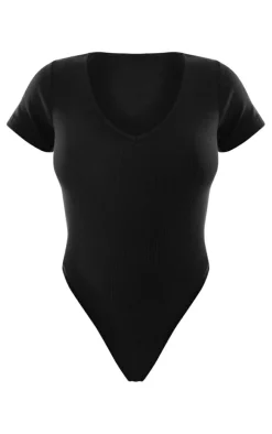 Black Basic Rib V Neck Short Sleeve Bodysuit