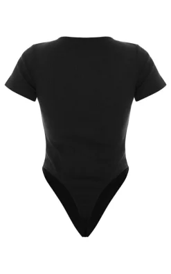 Black Basic Rib V Neck Short Sleeve Bodysuit