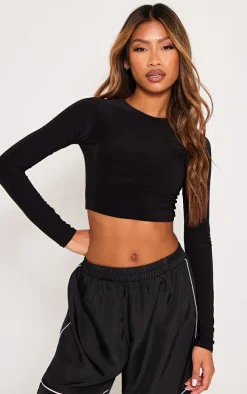 Black Basic Slinky Long Sleeve Crop Top
