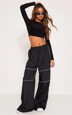 Black Basic Slinky Long Sleeve Crop Top