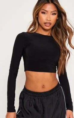 Black Basic Slinky Long Sleeve Crop Top
