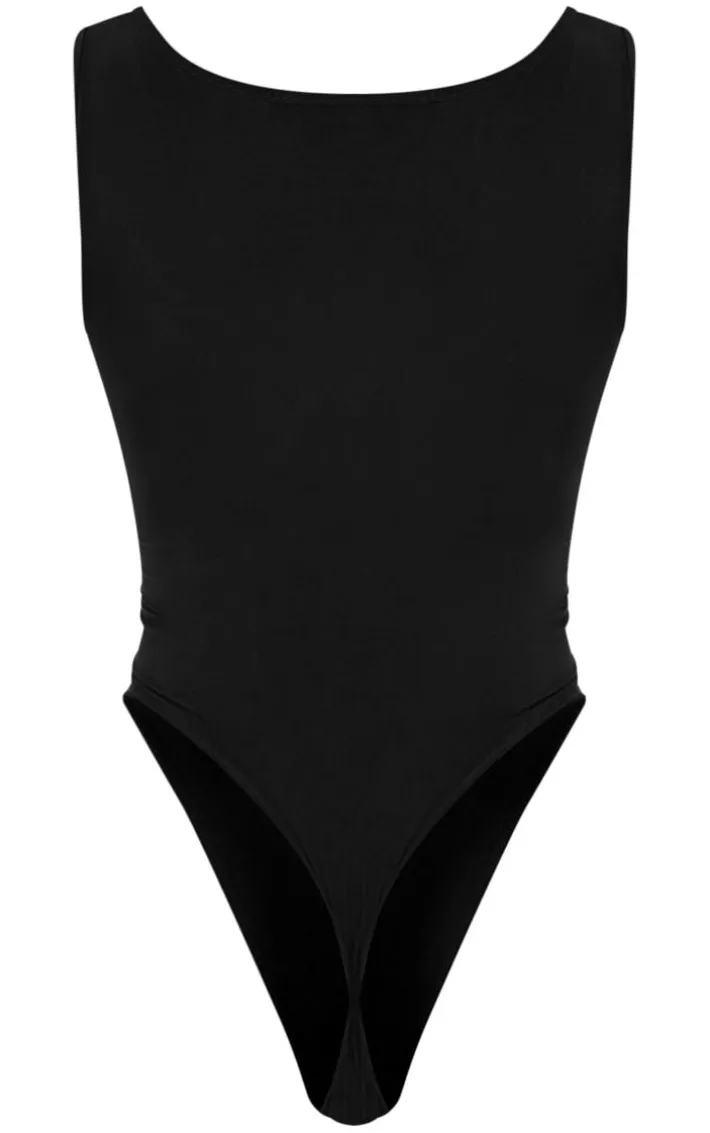 Black Basic Slinky Scoop Neck Bodysuit