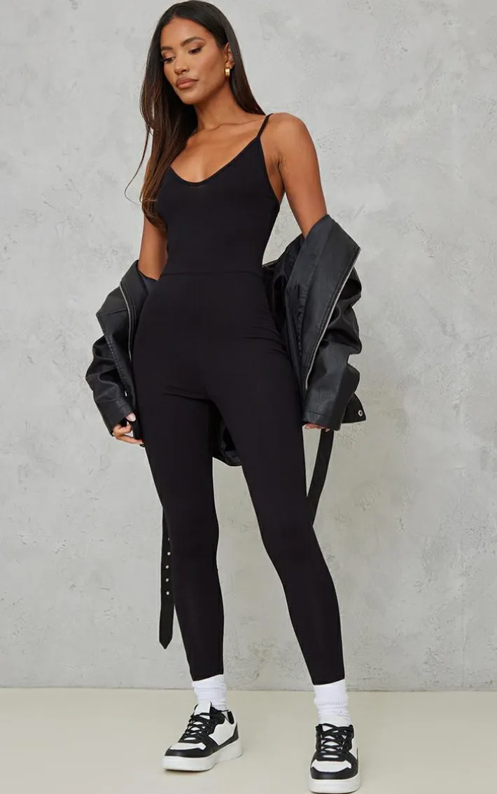 Black Basic Strappy Plunge Jumpsuit