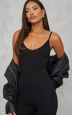 Black Basic Strappy Plunge Jumpsuit
