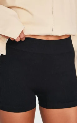 Black Basic Structured Snatched Rib Hot Pants