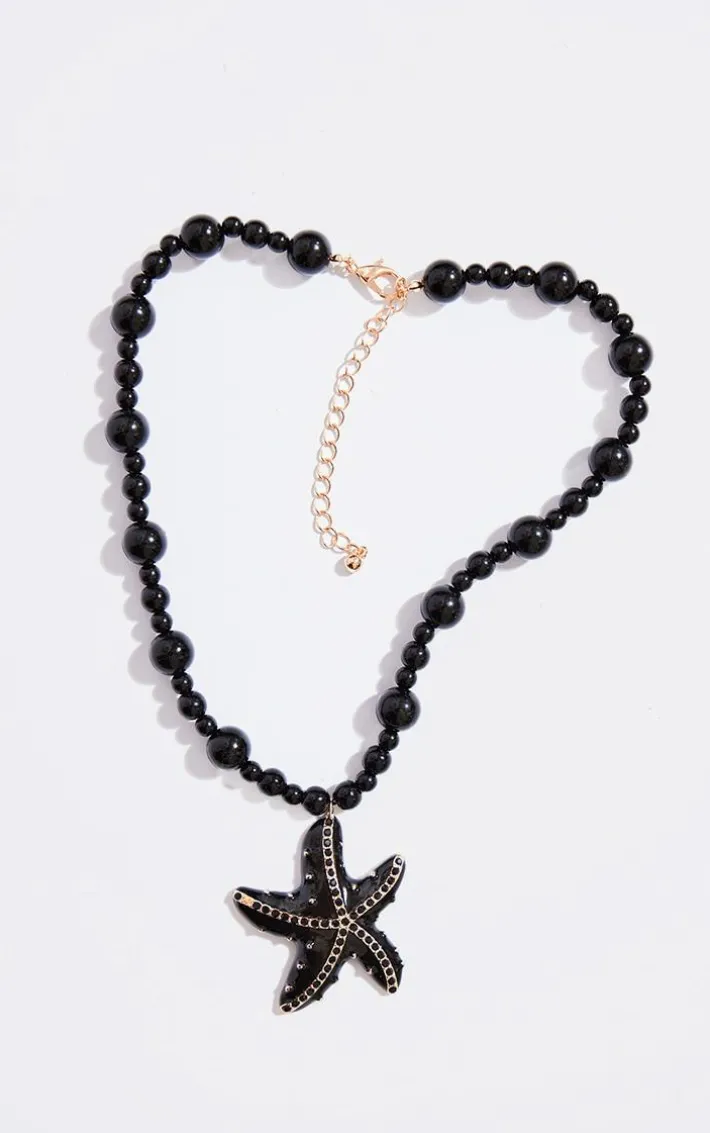 Black Beaded Starfish Detail Statement Necklace