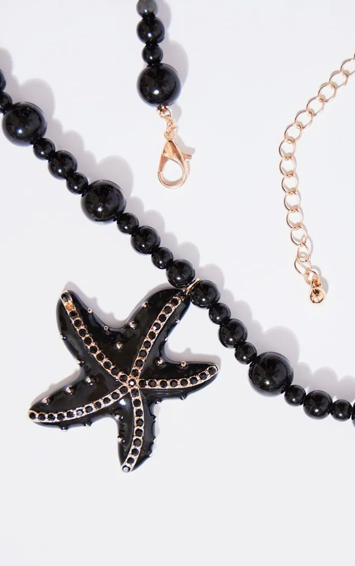 Black Beaded Starfish Detail Statement Necklace