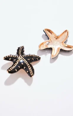 Black Beaded Starfish Detail Statement Earrings
