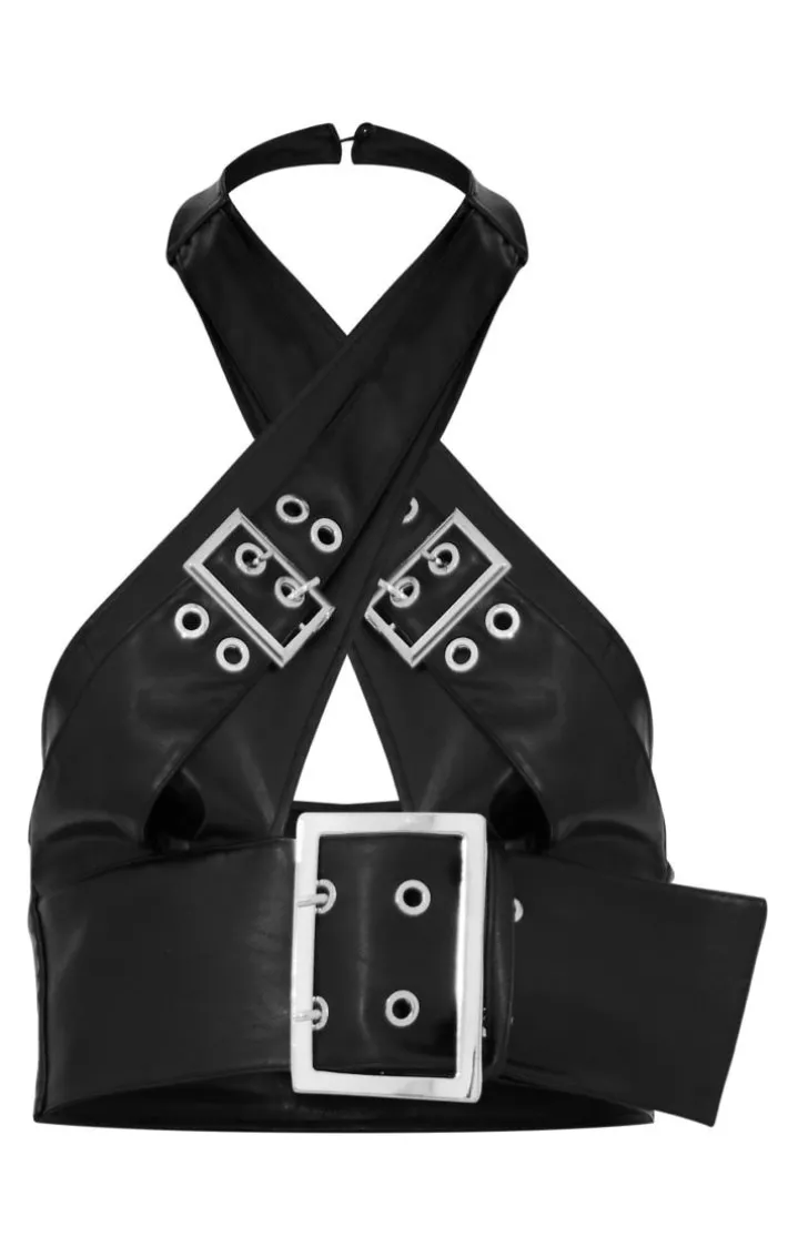 Black Belt Detail Halter Neck Crop Top