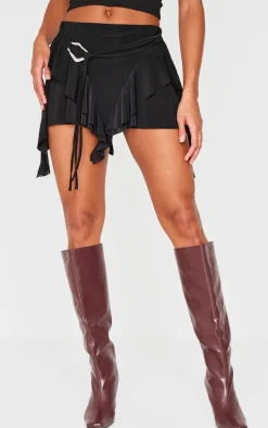 Black Belt Detail Slinky Jersey Ruffle Mini Skirt