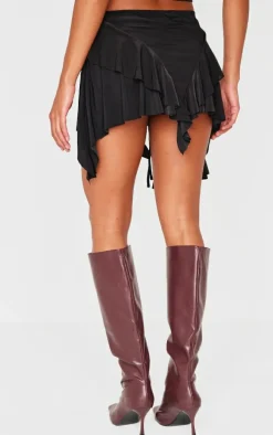 Black Belt Detail Slinky Jersey Ruffle Mini Skirt