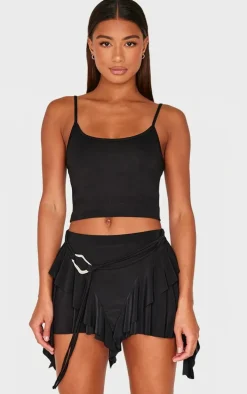 Black Belt Detail Slinky Jersey Ruffle Mini Skirt