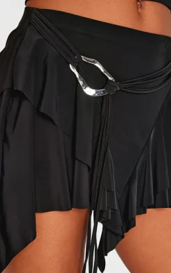 Black Belt Detail Slinky Jersey Ruffle Mini Skirt