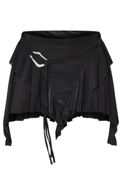 Black Belt Detail Slinky Jersey Ruffle Mini Skirt