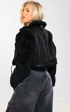 Black Belted Hem Faux Suede Borg Lined Aviator