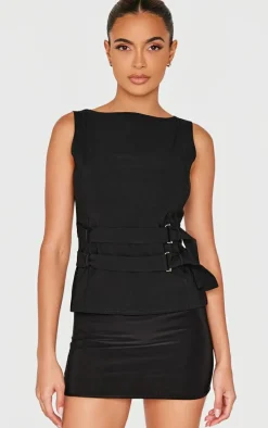 Black Bengaline Boatneck Buckle Detail Long Top