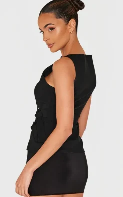 Black Bengaline Boatneck Buckle Detail Long Top