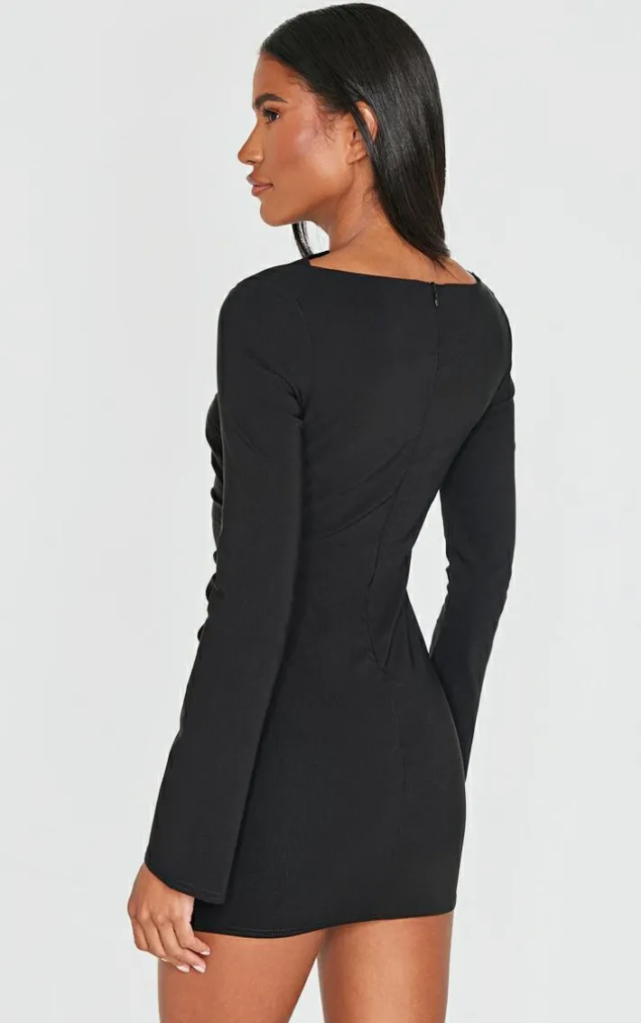 Black Bengaline Long Sleeve Ruched Bodycon Dress
