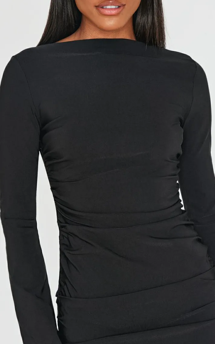 Black Bengaline Long Sleeve Ruched Bodycon Dress