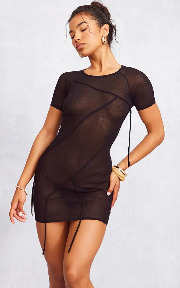 Black Binding Detail Sheer Knit Bodycon Dress
