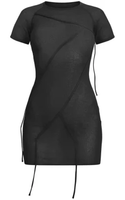 Black Binding Detail Sheer Knit Bodycon Dress
