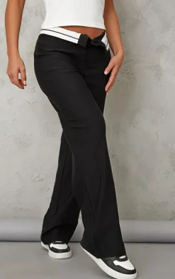 Black Bi-stretch Woven Fold Over Waist Straight Leg Pants