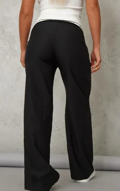 Black Bi-stretch Woven Fold Over Waist Straight Leg Pants