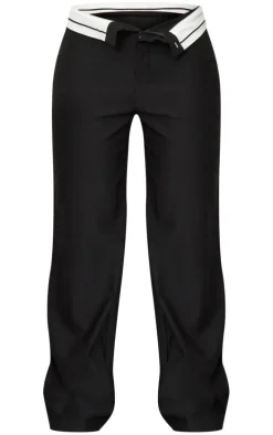 Black Bi-stretch Woven Fold Over Waist Straight Leg Pants