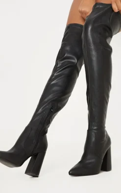 Black Block Heel PU Thigh High Boot