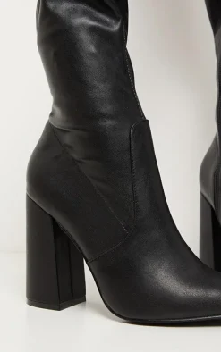 Black Block Heel PU Thigh High Boot