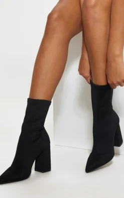 Black Block Heeled Point Toe Sock Boot