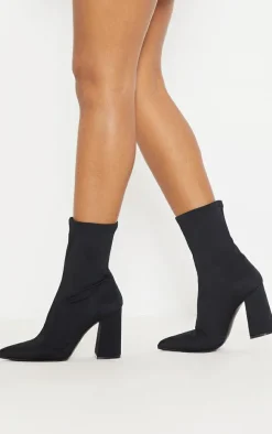 Black Block Heeled Point Toe Sock Boot